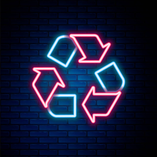 Świecąca neon linia Ikona recyklingu symbol izolowany na tle cegły ściany. Okrągła ikona strzałek. Środowisko nadające się do recyklingu staje się zielone. Kolorowy koncept. Wektor - Wektor, obraz