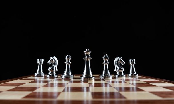 Silvery chess figures standing on chessboard - Valokuva, kuva