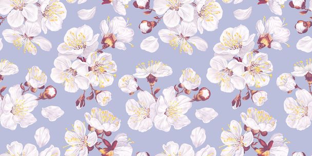 Seamless pattern with spring flowers of fruit trees on a light blue background. Apricot flowers realistic, vector plants for fabric, prints, gift cards, desktop wallpapers for computer. Surface design - Вектор, зображення