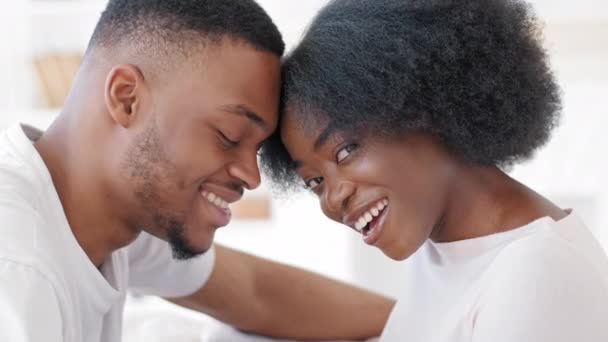 Liebendes junges afrikanisches Paar, das lachend lächelnd die Stirn berührt und in die Kamera blickt, romantischer Millennial-Afro-Mann und glückliche schwarze Frau, die einander näher kommen und den Moment der Zuneigung zu Hause genießen - Filmmaterial, Video