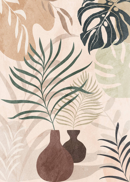 Botanical abstract art, watercolor, nature leaves and flowers beige and brown tones in perfect harmony and trend to decorate your home or office - Foto, afbeelding