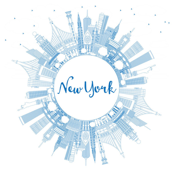 Outline New York USA City Skyline with Blue Buildings and Copy Space. Vector Illustration. New York Cityscape with Landmarks. Travel and Tourism Concept with Modern Architecture. - Vektor, obrázek