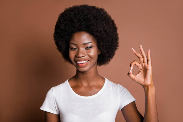 Photo of positive pretty dark skin person fingers show okey symbol beaming smile isolated on brown color background - Fotó, kép