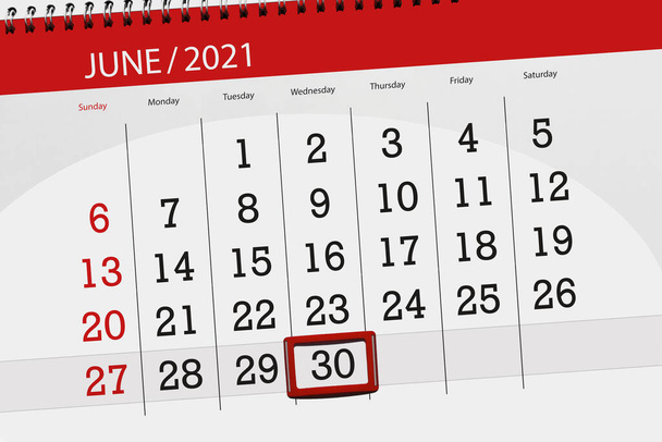 Kalenderblatt für den Monat Juni 2021, Deadline: 30., Mittwoch. - Foto, Bild