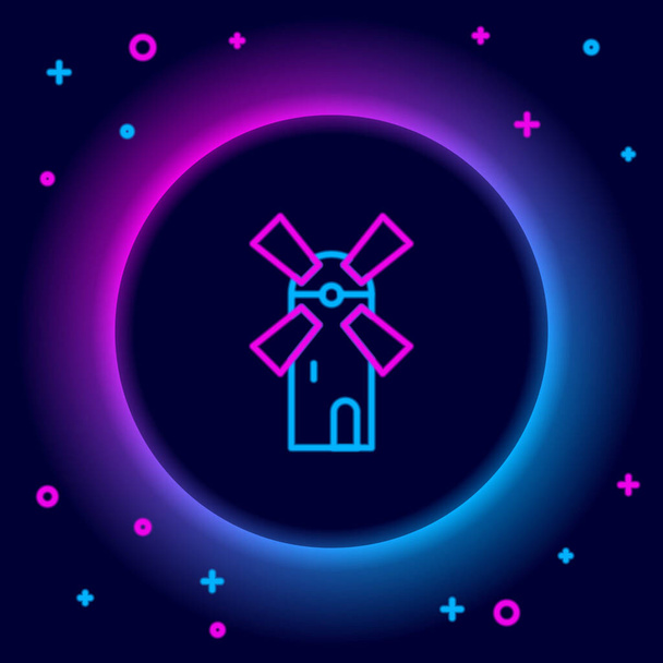 Glowing neon line Windmill icon isolated on black background. Colorful outline concept. Vector - Vector, Image