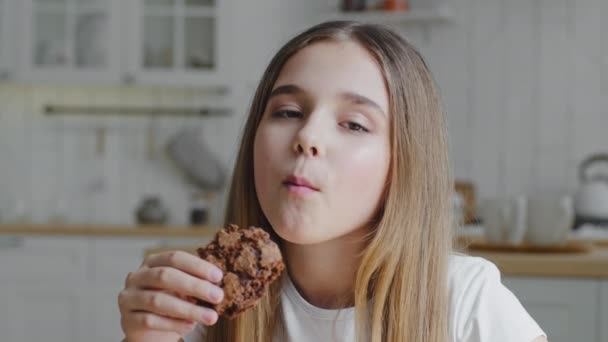 Portrait of contented happy cute hungry child little girl daughter schoolgirl eating delicious homemade chocolate biscuit cookies sweet pastries bites smiling feels pleasure of food at home in kitchen - Кадры, видео