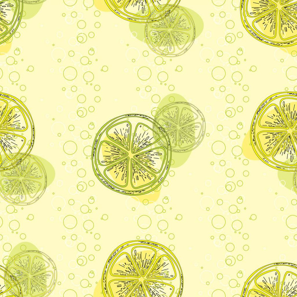  limonata con bollicine su fondo chiaro limoni e calce. per la stampa su tessuto, carta, carta da parati. Può essere utilizzato per la raccolta di vestiti, branding, imballaggio, decorazione d'interni, scrapbooking - Vettoriali, immagini