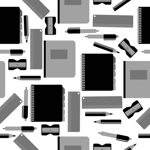 nahtloses Muster von Schul- oder Büromaterial in schwarzen Grautönen auf weißem Hintergrund - Vektor, Bild