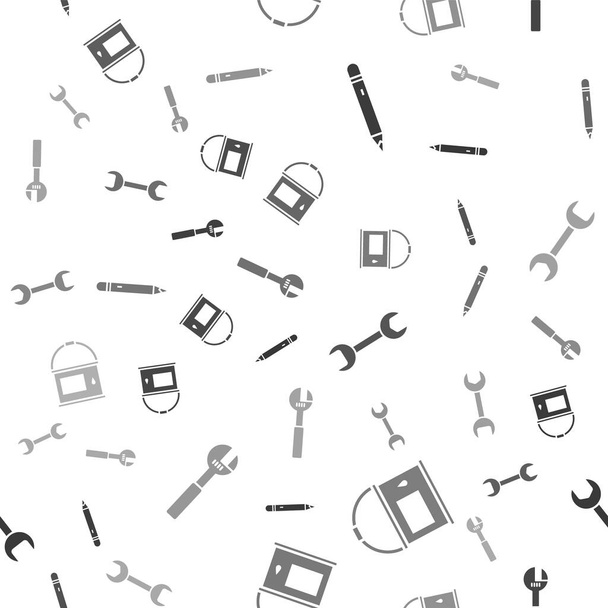 Set Pencil with eraser, Paint bucket, Wrench spanner and Adjustable wrench on seamless pattern. Vector. - Vektör, Görsel