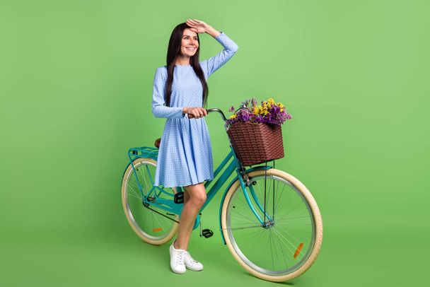 Full length profile photo of cute cheerful brown hair lady with bicycle look wear dress isolated on green background - Foto, Imagem