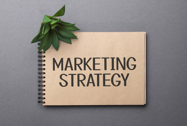 marketing strategy text on craft colored notepad and green plant on the dark background - Fotografie, Obrázek