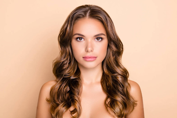 Portrait of nice long hairdo lady without clothes isolated on pastel beige color background - Foto, immagini