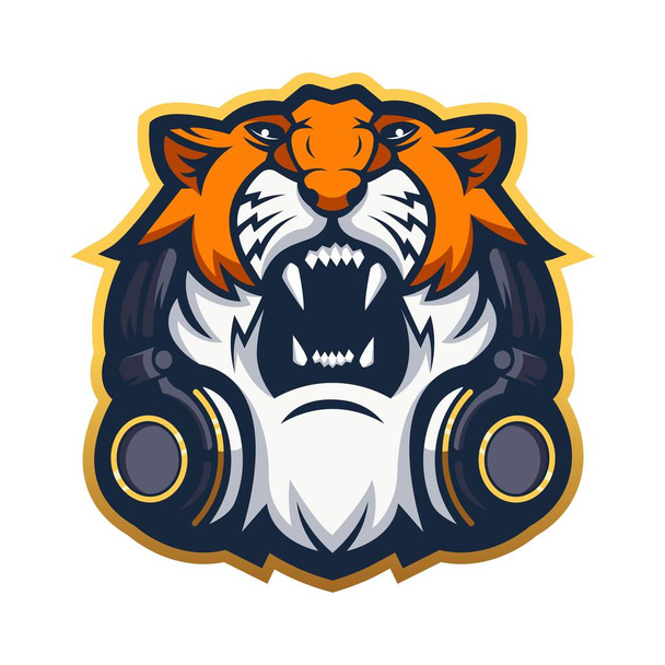 Tigre con auriculares, vector de diseño del logotipo de la mascota con el estilo moderno concepto de ilustración para el deporte y los juegos - Vector, imagen