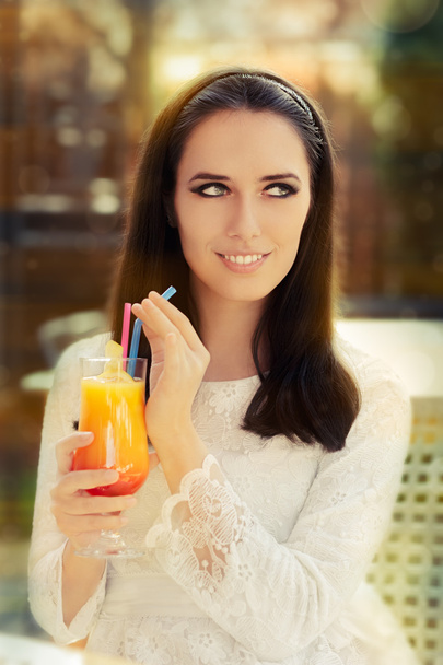 Young Woman with Colorful Cocktail Drink Outside - Foto, Imagem