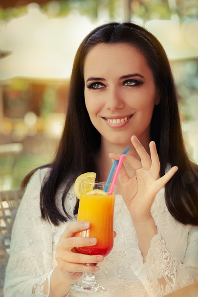 Young Woman with Colorful Cocktail Drink Outside - Zdjęcie, obraz