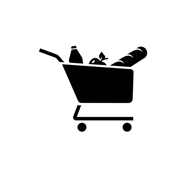 Panier de nourriture icône vectorielle noir solide isolé sur un fond blanc. Icône d'épicerie ou de supermarché. Chariot de magasin avec produits - Vecteur, image