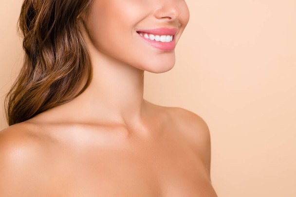 Cropped profile photo of nice optimistic lady without clothes isolated on pastel beige color background - Photo, image