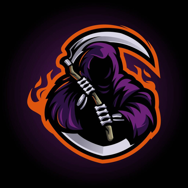 Reaper maskotti logo suunnittelu vektori moderni kuva konsepti tyyli merkki, tunnus ja t-paita tulostus. Grim Viikatemies kuva e-urheilu - Vektori, kuva