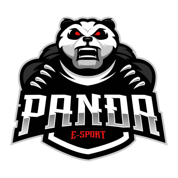 パンダは、バッジ、エンブレム、 Tシャツの印刷のための現代的なイラストコンセプトスタイルとマスコットのロゴデザインベクトルをサポートしています。ゲームのための怒っているパンダ - ベクター画像
