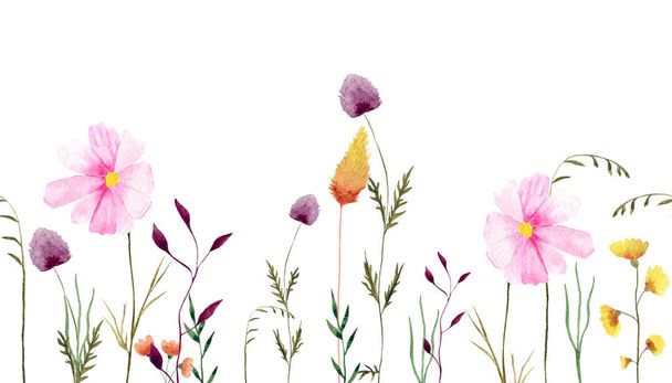 Watercolor floral seamless pattern. Panoramic horizontal illustration with wildflowers, leaves.   - Zdjęcie, obraz