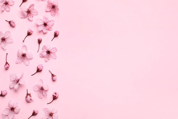Beautiful spring tree blossoms as border on pink background, flat lay. Space for text - Foto, afbeelding