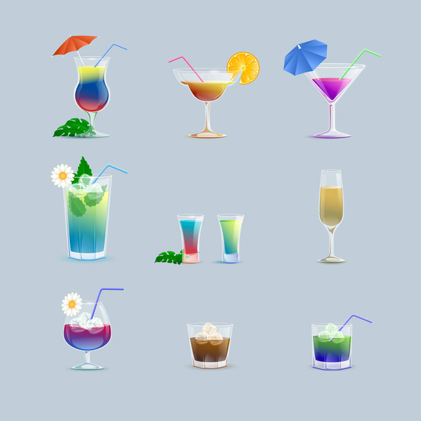 Set of colorful tasty summer cocktails in bar or restaurant glassware vector cartoon illustration. - Vecteur, image