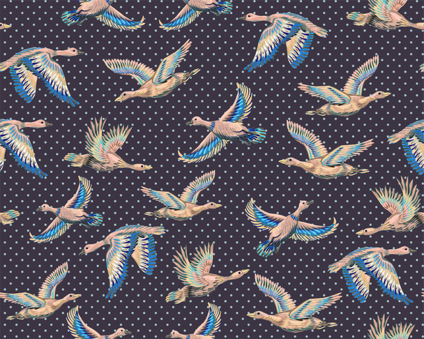 Текстурированный фон с утками и гусями, летящими в небе. Бесшовный рисунок с нарисованными вручную большими птицами. Печать для тканей и бумаги - Фото, изображение