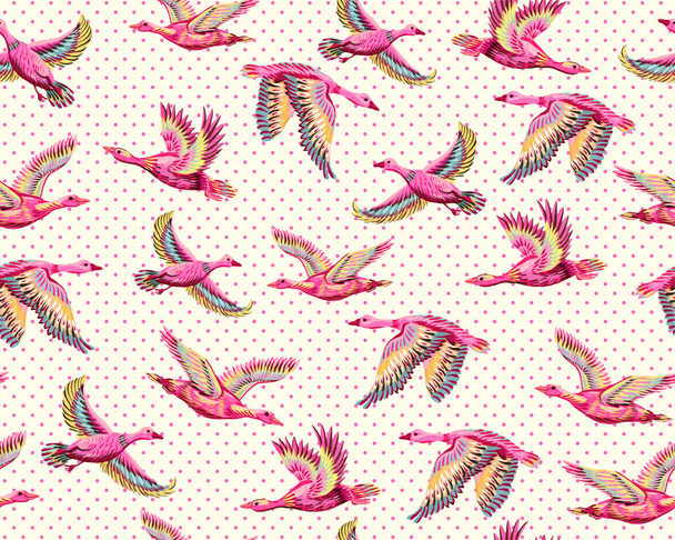 Textured background with ducks and geese flying in the sky. Seamless pattern with hand-drawn large birds. Print for fabrics and paper - Foto, imagen