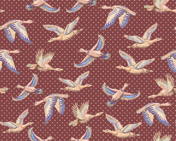 Textured background with ducks and geese flying in the sky. Seamless pattern with hand-drawn large birds. Print for fabrics and paper - Foto, immagini