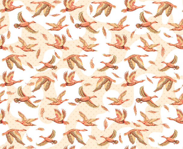 Textured background with ducks and geese flying in the sky. Seamless pattern with hand-drawn large birds. Print for fabrics and paper - Foto, Bild