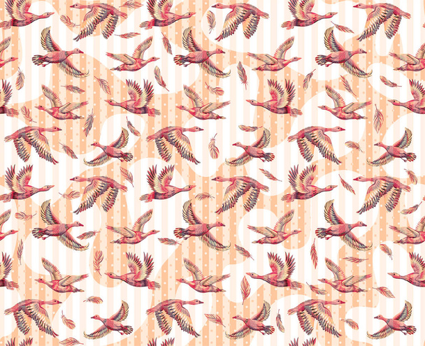 Textured background with ducks and geese flying in the sky. Seamless pattern with hand-drawn large birds. Print for fabrics and paper - Foto, afbeelding