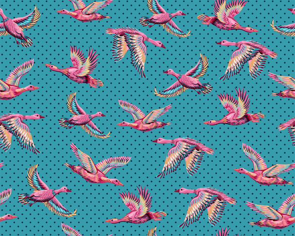 Textured background with ducks and geese flying in the sky. Seamless pattern with hand-drawn large birds. Print for fabrics and paper - 写真・画像