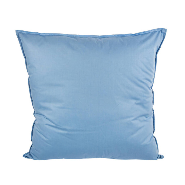 Almohada cuadrada azul para dormir y descansar. Fondo blanco aislado. Vista desde arriba - Foto, Imagen
