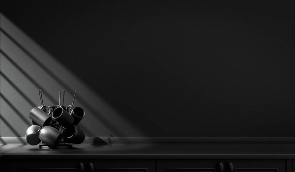 Mostrador de cocina oscura y utensilios cotidianos en el mostrador a la luz del sol de la mañana. concepto de color negro monocromo, escena de color sólido y plano, 3d Rebdering - Foto, Imagen