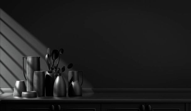 Tumma keittiön laskuri ja jokapäiväiset astiat pöydällä lämpimässä aamuauringossa. yksivärinen musta väri käsite, yksivärinen ja tasainen väri kohtaus, 3d Rebdering - Valokuva, kuva