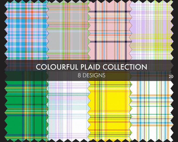 Colourful Plaid textured seamless pattern collection includes 8 designs for fashion textiles and graphics - Vector, Image