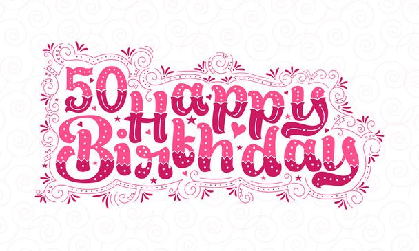50th Happy Birthday liternictwo, 50 lat Urodziny piękne typografia projekt z różowymi kropkami, linie i liście. - Wektor, obraz