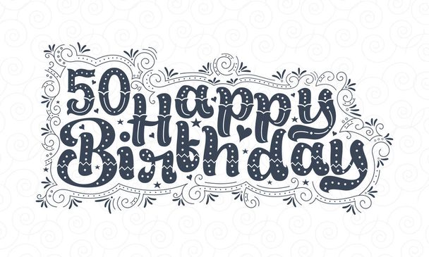 50 Feliz cumpleaños letras, 50 años cumpleaños hermoso diseño de tipografía con puntos, líneas y hojas. - Vector, imagen