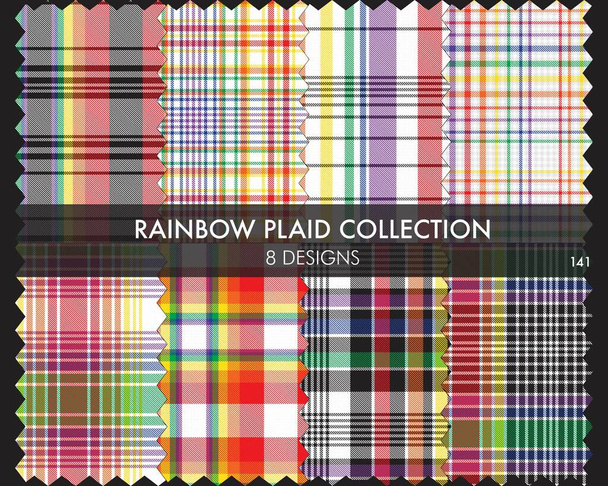 Rainbow Plaid tartán colección de patrones sin costura incluye 8 diseños adecuados para textiles de moda y gráficos - Vector, imagen