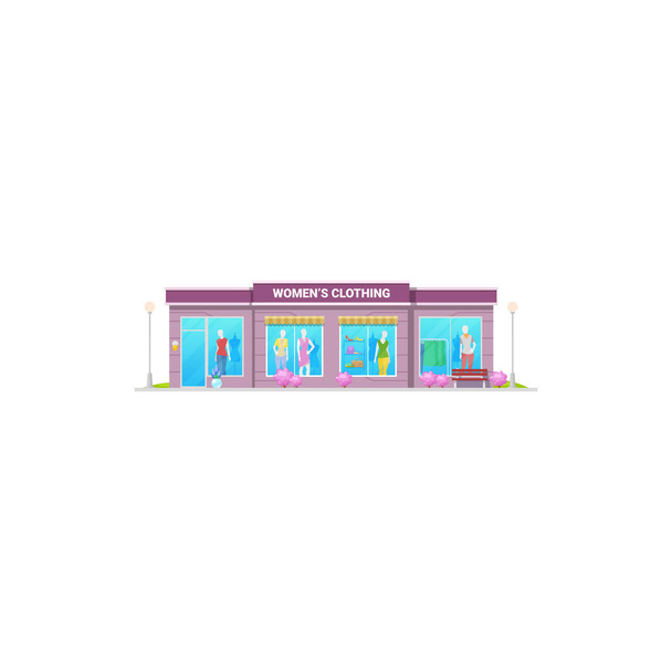 Women clothing store or shop and fashion boutique of dresses, vector isolated building. Womenswear fashion clothes, bags and footwear shoes store with window display showcase - Vector, Image