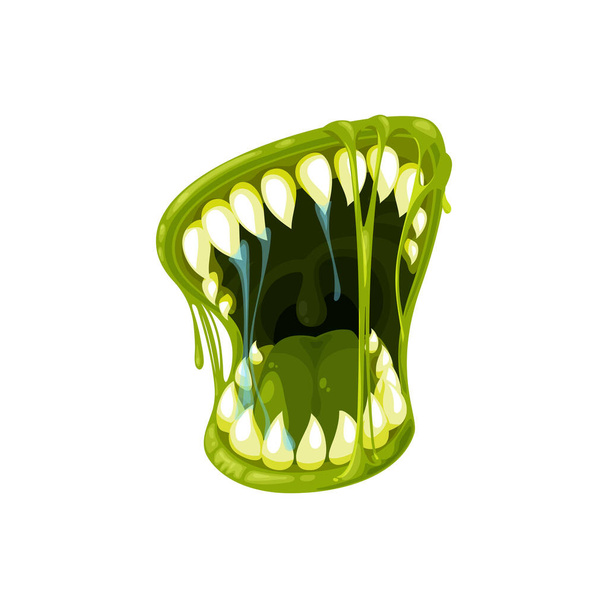 Monster mond vector pictogram, griezelige zombie of buitenaardse kaken met scherpe tanden, groene tong, lippen en druipend kleverig speeksel of goo. Halloween schepsel brullende mond geïsoleerd op witte achtergrond - Vector, afbeelding