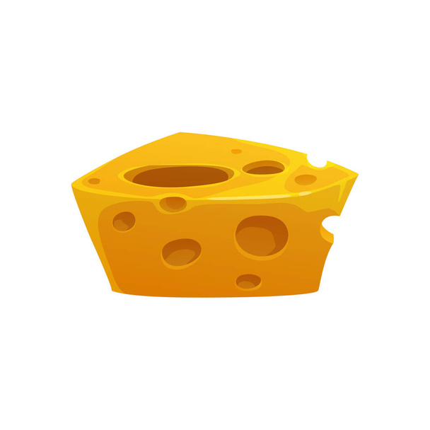 Lohko sveitsiläistä juustoa eristetty sarjakuva ikoni. Vektori terveellistä orgaanista syömistä, Emmental juustoa reikiä, liikkeen tunnus. Edam tai parmesaani, italialainen keittiö alkupala, viipaloitu pehmeä cheddar realistinen lohko - Vektori, kuva