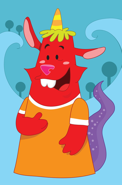 rotes Monster, mit lila schleimigem Schwanz, weiblichem Aussehen, Mädchen, mit orangefarbenem und gelbem Horn, das wie ein Geburtstagshut aussieht, mit orangefarbenem Kleid - Vektor, Bild