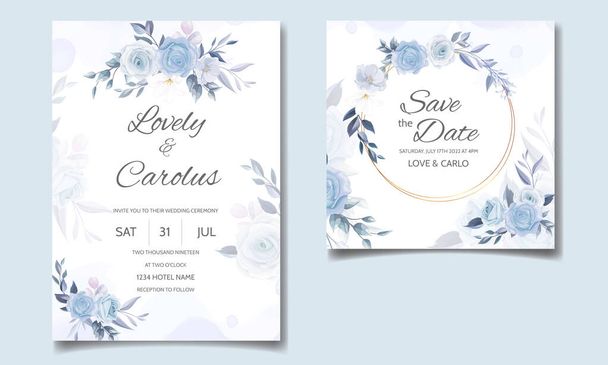Elegante modello di biglietto d'invito di nozze con morbido floreale blu - Vettoriali, immagini