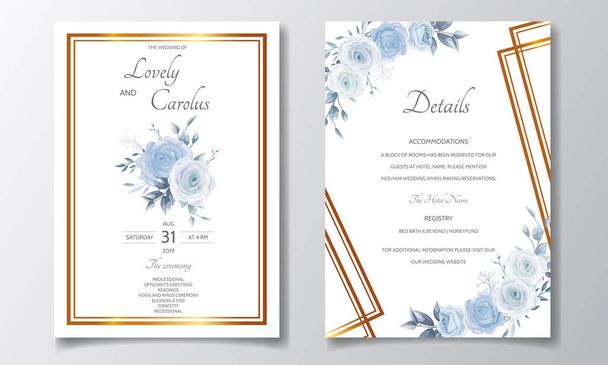 Elegant wedding invitation card template set with soft blue floral - Vector, Image