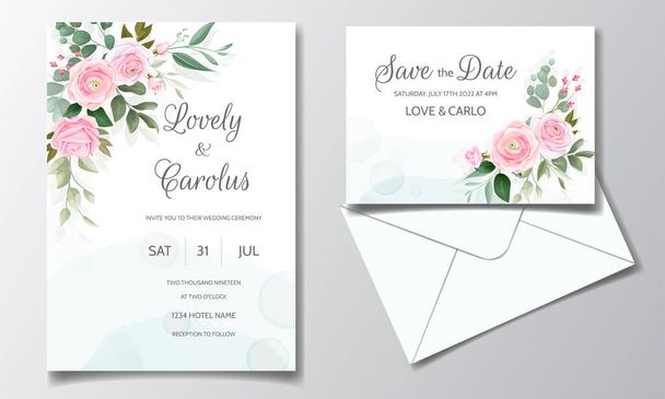 美しいピンクのバラと緑の葉で設定されたエレガントな結婚式の招待状カードテンプレート - ベクター画像
