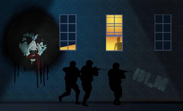 Egy rendőrségi rohamosztag közeledik egy lakóházhoz. A téglafalon egy afgán amerikai férfi áll véres orral, graffiti stílusban festve. Az illusztráció a rendőrséggel szembeni fekete bizalmatlanságról szól.. - Fotó, kép