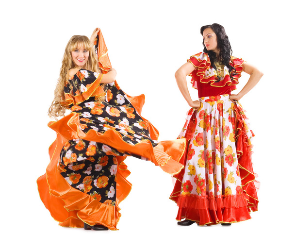 Two mature woman dance flamenco in gypsy costume - Photo, image