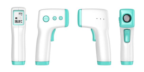 Front, side and back view of gun shaped non-contact infrared thermometer - Photo, Image