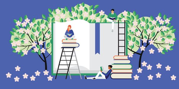 a positive illustration of the benefits of reading. young people of different nationalities read books among the flowering trees. the flat pattern. stock illustration. - Вектор,изображение